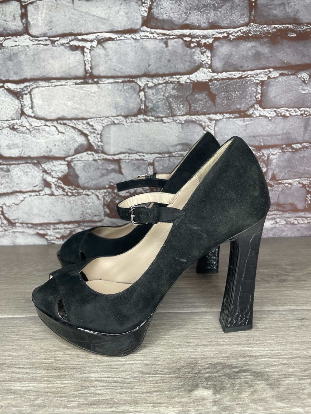 MICHAEL KORS Padova Black Suede Patent Leather Peep Heels Women’s 6.5M US/37EU